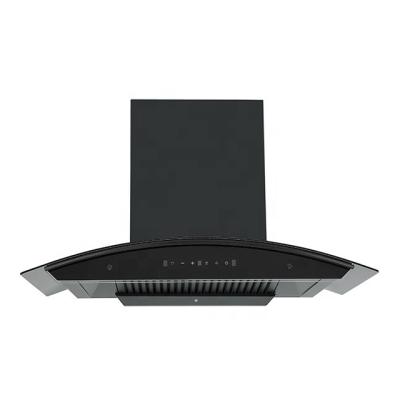 China Household Black Curved Cook Hood Electric Kitchen Range Hood Home Appliance Glass Chimney Extractor for sale