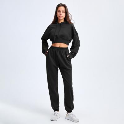 China Quality Breathable Crop Top Size Woman Sport Hoodies And Tracksuit Set With Drawstring for sale