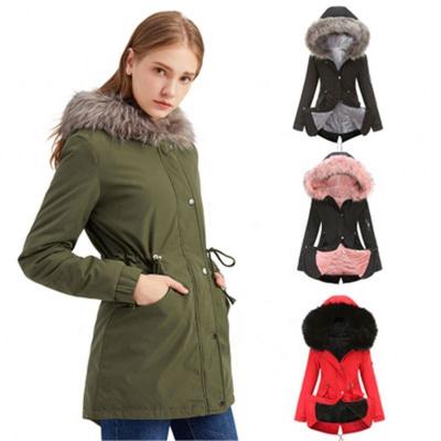 China 2021 New Style Winter Warm Fleece QUICK DRY Mid Length Hooded Coat Ladies Cotton Jackets Plus Cotton Padded Coats for sale