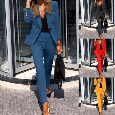 China Anti-wrinkle plus size long sleeve women's suit set button solid color business pants office career wear women's suits tuxedo for sale