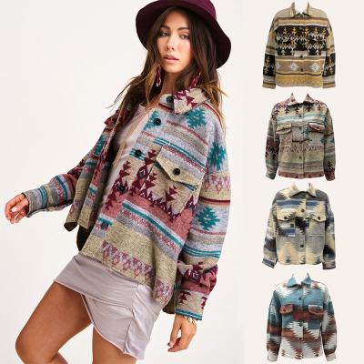 China Workable Loose Wool Yarn Dyed Women's Coats Print Casual Vintage Geometric Ethnic Fall Winter Wholesale 100% Cotton Multi Color for sale