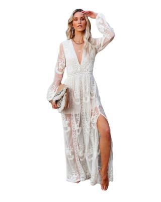 China 2021 New Women's Long Sleeve Spring Maxi Party Formal Dresses Elegant Summer V-Neck White Viable Lace Dress for sale