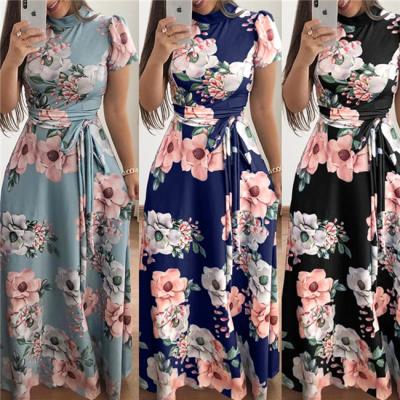 China Women's Breathable Floral Print O-Neck Dresses Plus Size Casual Summer Fashion Print Tie Long Dresses Daily Wear For Ladies for sale