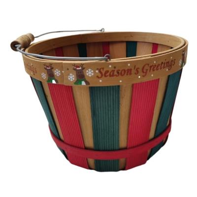 China Sustainable Good Quality Christmas Basket Round Movable Handle Printing Red Gold Powder Bucket Basket for sale