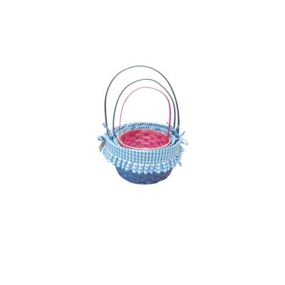 China Sustainable Round Shape With Blue Plaid Fabric Laciness Fixed Handle Basket for sale