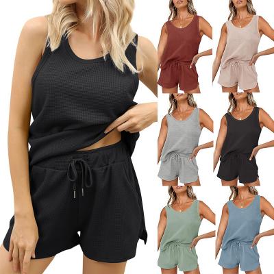 China Women's QUICK DRY QUICK DRY Short Top Shorts Summer Home Wear Sets Ladies Solid O-Neck Sleeveless Casual Pajamas Stylish Lounge Wear Sets for sale