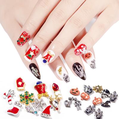 China Christmas Halloween 3CR Nail Art 3D Designs 8 Metal Christmas Halloween Rhinestone Beads Mix Snowman Elk Jewelry For Nail Art Decoration for sale