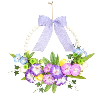 China Plastic Artificial Trumpet Flower Wooden Beads Wreath Morning Glory Door Wall Hanging for sale