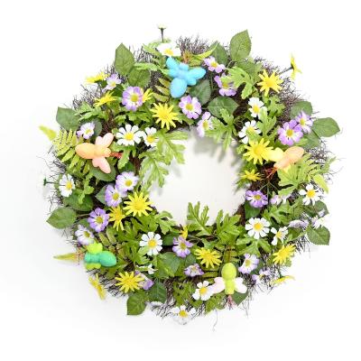 China Plastic 22 Inch Handmade Artificial Flower for Spring Front Door Window Wall Farmhouse Garden Honeybee Yellow Daisy Wreath for sale