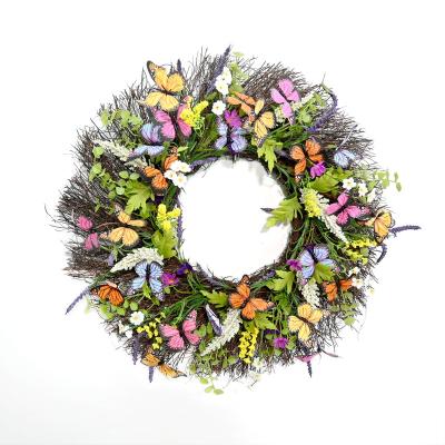 China Door Wall Hanging 22 Inch Artificial Flower Plants Colorful Butterfly Wreath Decorative Flowers Wreaths And Plants For Front Door for sale