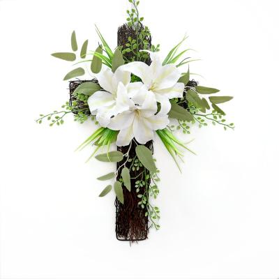 China Religious White Lily Cross Tribut Funeral Memorial Decoration Artificial Flowers For Funeral Wreaths for sale