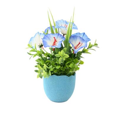 China Indor Decoration 8 Inch Eggshell Potted Plastic Morning Glory Artificial Trumpet Flowers Bonsai Flowers For Sale for sale