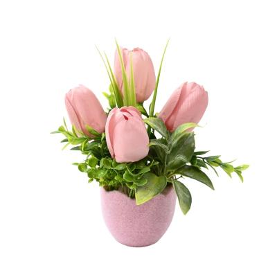 China Indor Decoration 8 Inch Silk Tulips Eggshell Potted Artificial Tulips Flower Plants Decorative For Home Decor for sale