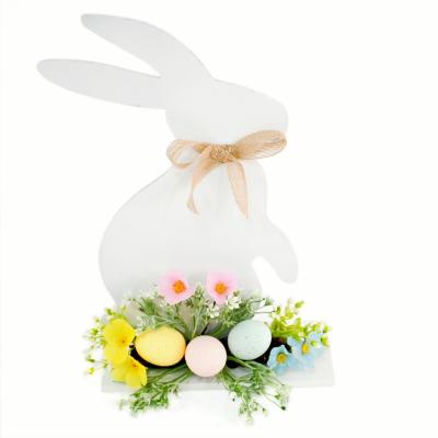 China Garden Decor 16 Inch Wooden Decor Standing Bunny With Easter Eggs Flowers Table Rabbit Crafts Ornaments for sale