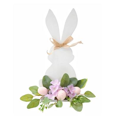 China Domestic Adornments 16 Inch Wooden Rabbit With Easter Eggs And Decorative Flowers Plants Easter Table Decoration for sale