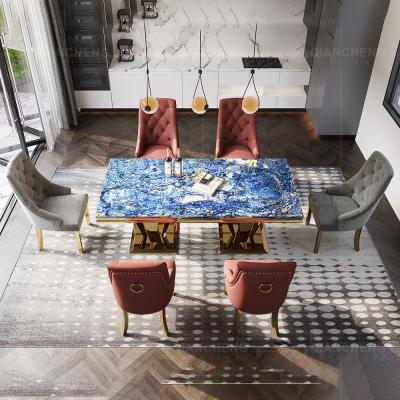 China Modern Silver Steel Marble Glass Dining Table Legs Set Dinner Dining Table Top Dining Table Designs for sale