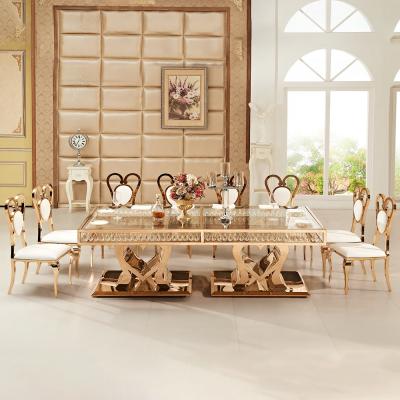 China Modern Romantic Frame Rectangle Stainless Steel Glass Or MDF Top Gold Event Wedding Table for sale