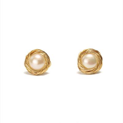 China Vintage Chaozhong Delicate elegant jewelry gentle niche earrings 14k gold plated Hand-Wound Natural Genuine Pearl Stud Earrings women for sale