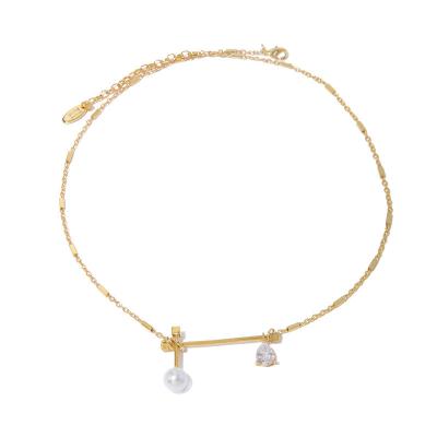 China French Chaozhong 18K Real Gold Plated French Elegant Pearl Zircon Double Pendant Design Clavicle Chain Necklace for sale