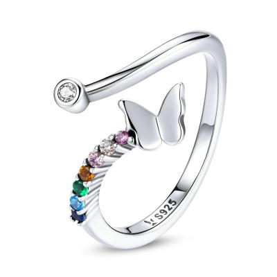 China TRENDY Chaozhong custom Colorful Zircon Rainbow Adjustable Open Sterling Silver S925 Butterfly Ring women for sale