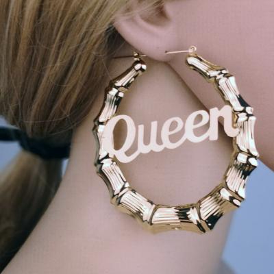 China Eco-friend Alloy 9cm Round English Queen Letters Bamboo Earrings for sale