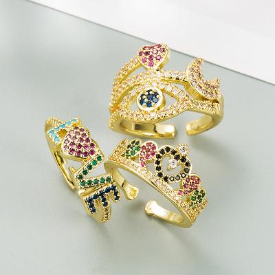 China Eco-friend fashion exaggerated color micro-inlaid copper zircon 18K gold plated ring for sale