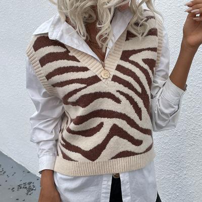 China 2022 Wholesale Custom Anti-wrinkle Animal Zebra Jacquard Pattern Striped Sweater Knit Vest For Lady In Cheap Price for sale