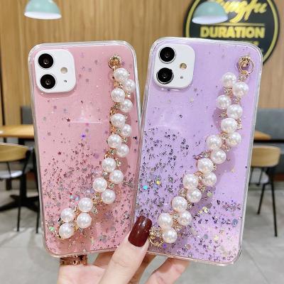 China 2021 Shockproof Gold Foil Glitter TPU Case Pearl Chain Strap Glitter Pearl Phone Case For iPhone 11 12 Mini Glitter Case for sale