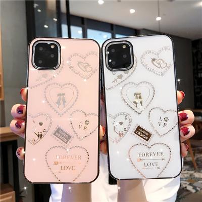 China Shiny Anti-fall 3D Crystal Diamond Tempered Glass Back Cell Phone Case With Soft Bumper For Iphone13 Case for sale