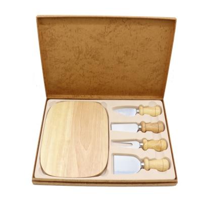 China LOQ MOQ Sustainable Rubber Wooden Cheese Board Set 4pc Cheese Tools Cheese Knife Set With Gift Box for sale