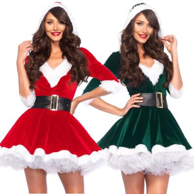 China New European American Christmas Hooded Dresses Adult Female Santa Claus V-Neck Dress for sale