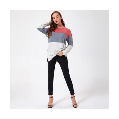 China Anti-pilling Autumn Winter Tricolor Splicing Long Sleeve Women's Long Sleeve T-Shirt 100% Organic Cotton for sale