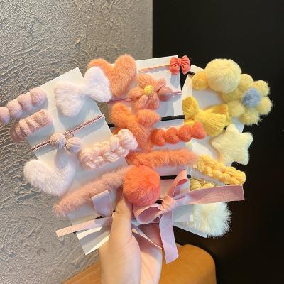 China Fashion Wholesale 8 Pcs Pack Furry Hair Clips Hair Ties Set Cute Princess BB Clip Fur Hair Bowknot Pin Scrunchies for sale