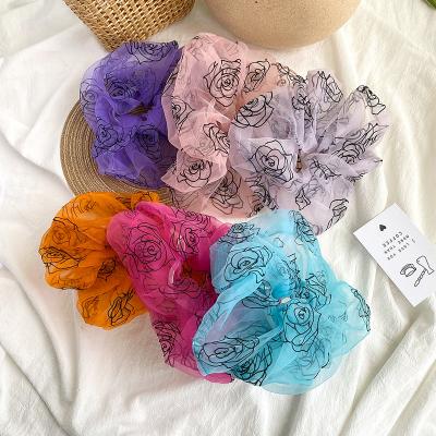 China New Large Intestine Organza Tie Elastic Hair Scrunchies Oversized Hair Scrunchies Pure Pink Attractive Hair Scrunchies for sale