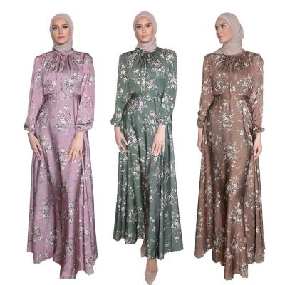 China Fast Wholesale High Quality Islamic Clothing Satin Middle East Floral Printed Maxi Dress Abaya Floral Printed Maxi Dress Dresses For Muslim Woman for sale