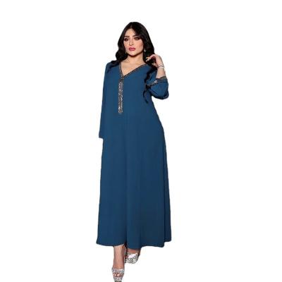 China Diamond Drilling Muslim Woman Abaya V-Neckline High Quality Dubai Polyester Ladies Long Dress Islam Casual Wear Middle Eastern Kaftan Retro for sale