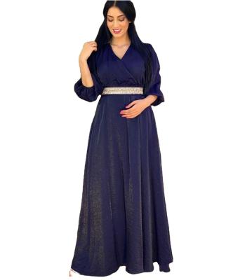 China Satin Middle Eastern Women's Dress Set With Diamond Belt Bubble Sleeve Evening Dress Turkey Female Abaya Muslim Kaftan for sale