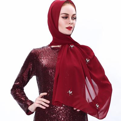 China Wholesale Women's Faux Stone Chiffon Pearl Hijab Malaysian Muslim Hijabs Wraps Arabic Good Modest Solid Color Headscarf JML-T501 for sale