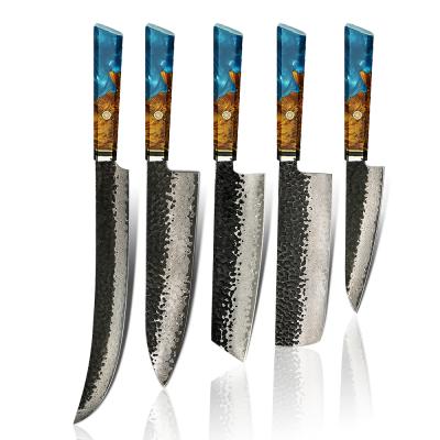 China Yangjiang Disposable Amber Knife 67 Layers Steel Resin Burl Handle Kitchen Knife Set Damascus AUS-10 for sale