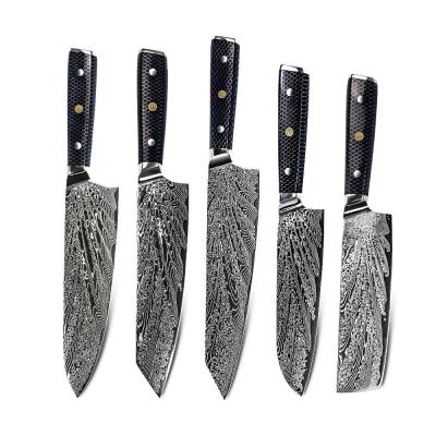 China Viable Handle 5 Pcs Japanese Damascus Knife Set 67 Yangjiang Amber Premium Honey Comb Resin Steel Layers VG10 for sale