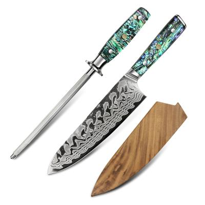 China Yangjiang Amber Best Selling 8 Inch Viable AUS10 Damascus Steel Kitchen Knife with Diamond Sharpener for sale