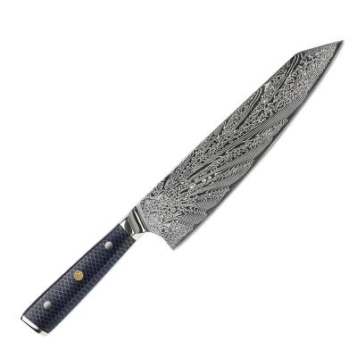 China Viable Yangjiang Amber 9 Inch 67 Layers VG10 Damascus Kiristuke Knife With Blue Honeycomb Resin Handle for sale