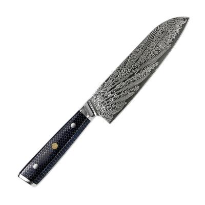 China Viable Hot Sales 67layers vg10 Damascus Santoku Steel Knife With Blue Honeycomb Resin Handle for sale