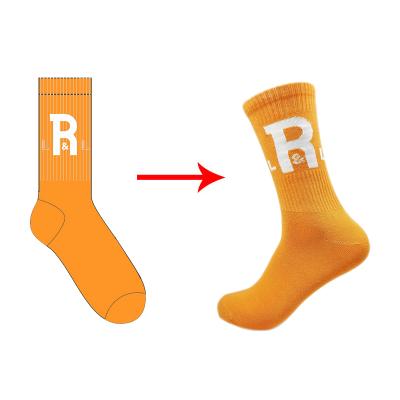 China Reasonable Price Breathable Letter Printing Knitted Sporting Socks Logo Brand Orange Custom OEM Socks for sale