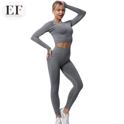 China Custom Women Ever Breathable Fashion Long Sleeve Seamless Sport Slim Two Piece Suit 2021 Plus Size Yoga Set for sale