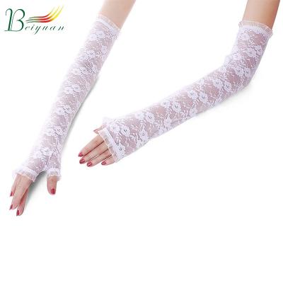 China Sunscreen Comfortable Ladies Half Finger Summer Long Section Elbow Driving Sunshade Wedding Tag Fingerless Women's Lace Cheap Gloves for sale