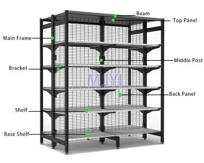 China Matt Black Powder Coating Wire Double Sided Mesh Supermarket Outrigger Shelving System for sale