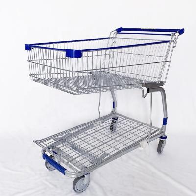 China Unfolding Heavy Duty Hypermarket Trolley 2 Tier Steel Metro Shopping Trolley Trolley for sale