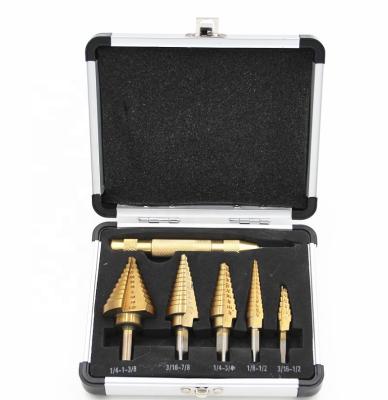 China Al Box Hss 4241 Inch 6pc Triangle Shank Straight Flute Titanium Step Drill Bits Set For Metal Wood Drilling for sale