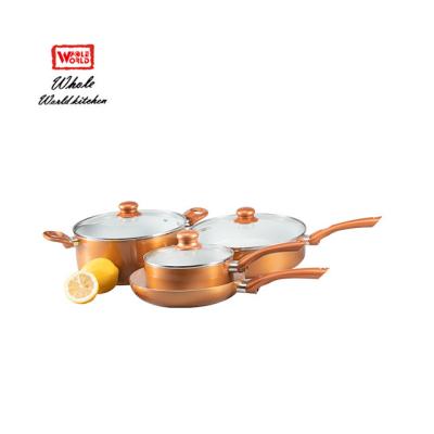 China Sustainable High Quality Royal Copper Color 7pcs Ceramic Coating Aluminum Cookware Set With Bakelite Handle for sale